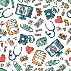 Vector seamless pattern on the theme of medicine. Colorful cartoon background with symbols of treatment, examination, clinics, hospitals. Line art for use in design