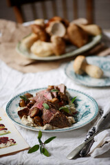 beef tenderloin with wild mushroom sauce.selective focus.