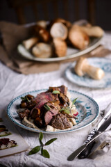 beef tenderloin with wild mushroom sauce.selective focus.