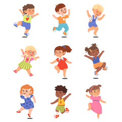 Boy and Girl Characters Jumping with Joy and Excitement Vector Illustrations Set