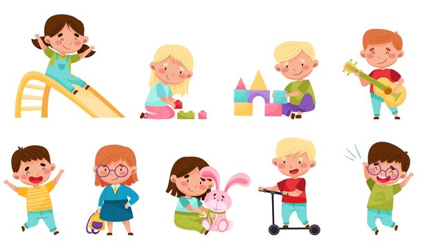 Cute Little Boys and Girls Playing Toys and Having Fun Vector Set