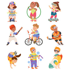 Cute Kids Athlete Cycling, Skateboarding and Playing Hockey Vector Illustration Set