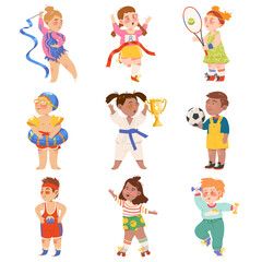 Cute Kids Athlete Roller Skating and Running Marathon Vector Illustration Set
