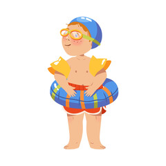 Fototapeta premium Funny Boy Athlete in Watersport Goggles Standing with Rubber Ring Vector Illustration