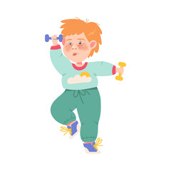 Funny Freckled Boy Athlete Doing Physical Exercise with Dumbbells Vector Illustration