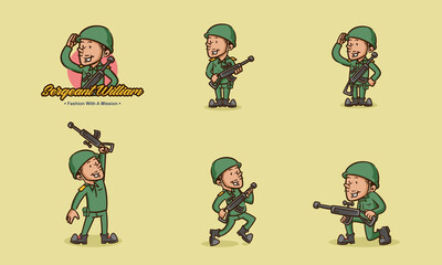 Cartoon vintage army mascot with green character costume        