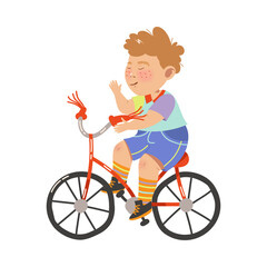 Fototapeta na wymiar Cheerful Boy Athlete with Freckles Riding Bicycle Vector Illustration