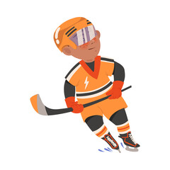 Happy Boy in Sport Wear and Helmet Playing Hockey Vector Illustration