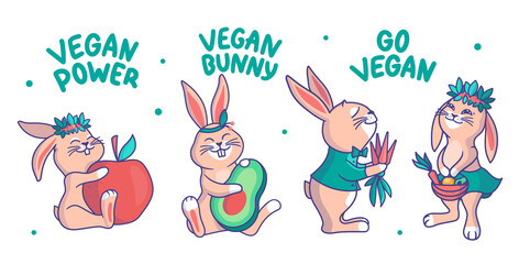 Set of rabbits for family look designs, t-shirts. Cartoonish animals with lettering phrases - Vegan. Characters are with different vegetables, fruits for a healthy lifestyle. Vector illustration