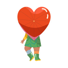 Little Girl in Rubber Boots Holding Heart Shaped Umbrella Covering Her Face Vector Illustration