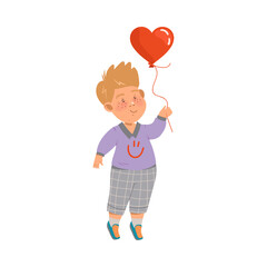 Shy Little Boy in Checkered Trousers Holding Heart Balloon Vector Illustration