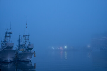 Foggy harbor view around Nusamaibashi Bridge in Kushiro City