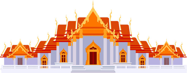 Wat Benchamabophit - The Famous marble temple and the symbols of Bangkok city Thailand with landscape drawing in vector
