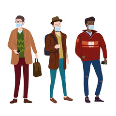 Set Young mans students in modern autumn trendy clothes. In medical mask, individual protection from viruses, smog, vapor. Fashion casual outerwear street style character. Flat cartoon style vector