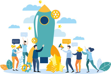 Close-knit team work in the startup illustration. Flat design. Colleagues are building a rocket. Cooperation. People with a megaphone. Bright colorful modern design.