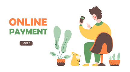Online store payment from home,flat vector landing page template. Man pays for purchases using a mobile phone.