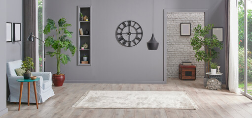 Grey living room, clack lamp and bookshelf, brick wall background and carpet.