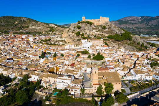 Aerial view of Castalla cityscape with ancient fortified castle, Alicante, Spain