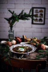 Soup with barley and wild porcini mushrooms.