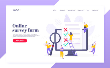 Online survey form or exam application on the monitor screen, claim form, clipboard and tiny people working together. Internet questionnaire, online education quiz vector illustration concept template