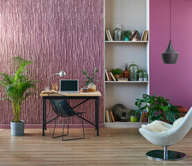 Claret red wall, bookshelf lamp and working table style.