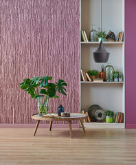 Claret red decorative wall background, white bookshelf and table with vase of flowers.