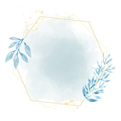 hand drawn blue leaf frame on watercolor blue splash background