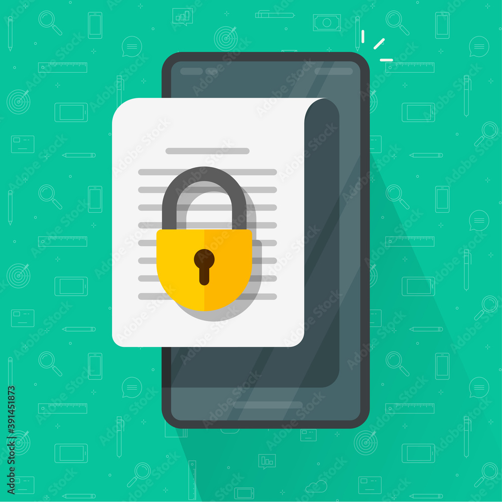 Poster mobile secure confidential document online access with private lock, permission denied padlock on ph