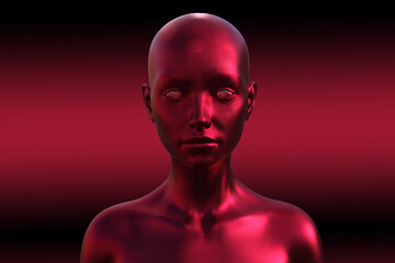 3d illustration of a bald woman. Image of a red female head on a dark background