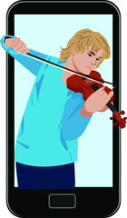 A young man plays the violin. The violinist plays the melody from the phone.
