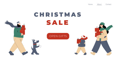 Design winter time landing page template. Merry Christmas and Happy New year website layout. Hand drawn people character of mom, dad, son and dog carrying gift boxes. Trendy vector illustration