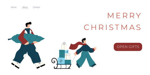 Merry Christmas and happy new year banner, flyer, landing page with characters carrying christmas tree and gift boxes on sleigh. Design winter holiday season landing page template