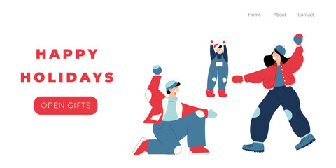 Design happy holidays landing page template. Merry Christmas and Happy New year website layout. Hand drawn people character of family playing snowballs. Trendy vector illustration