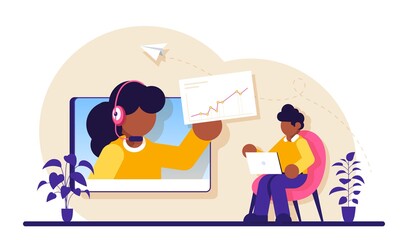 Online business conference concept. Webinar and employees training. Distance education, video tutorial. Meeting and negotiations, partners. Modern flat illustration.