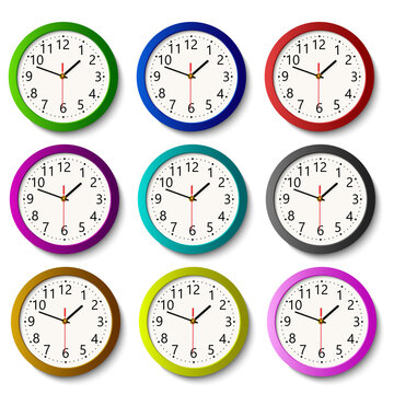 Set of colorful watches with soft shadow. Vector.