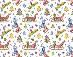Holiday pattern with sledges and skis and skates