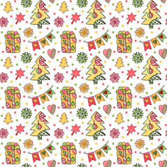 Festive pattern with Christmas tree gifts and confetti.