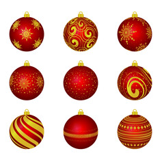 Christmas tree toys. Red Christmas balls on the tree. Merry christmas and a happy new year. Decoration. Decor.