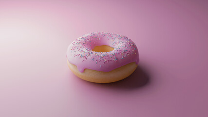3D rendering of a glazed donut with sprinkles isolated on a pink background