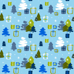 seamless winter pattern with green and blue Christmas trees and snow on blue background for wrapping paper and surface design of New Year products