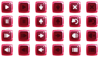 Cartoon buttons set game with icon. Kit of icons red color in two positions.Vector illustration, GUI elements for mobile games, video games.