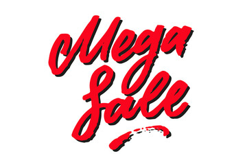 Mega Sale brush textured hand written lettering sign. Red shadowed isolated letters on white background. Advertising concept for sale season and discount banner. Promotional text for social media