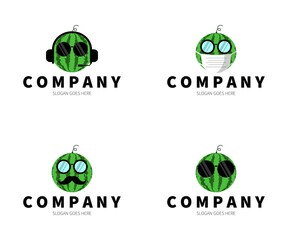 Set of Watermelon logo. Watermelon with glasses, headset, mask, mustache logo concept. Vector Design Illustration.