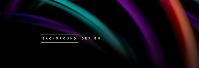 Dynamic motion abstract background. Color blurred stripes on black. Wave liquid lines poster. Vector illustration