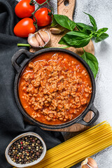 Italian food ingredients for Spaghetti Bolognese. Raw pasta, Basil, ground beef, tomatoes. Gray background. Top view