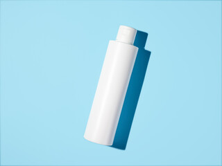 Empty white plastic bottle mockup in hard light. Top view or flat lay. Blank opaque bottle without packaging on blue background. Mock up for package design