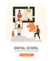 E-learning, online education at home concept.
Distance education, online courses, tutorials, webinar, digital classroom, online teaching metaphors. Flat vector illustration, isolated objects.