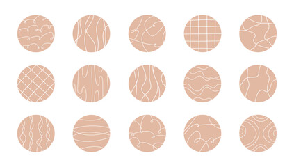 Big set of circle highlight icons, abstract shapes and lines, modern social media stories cover, template for blogger and influencer. Trendy elements for story in pastel colors, boho style isolated. © Alice