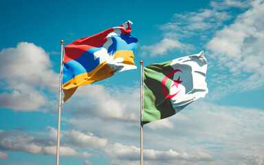 Beautiful national state flags of Algeria and Artsakh together at the sky background. 3D artwork concept.