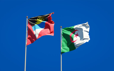 Beautiful national state flags of Algeria and Antigua and Barbuda together at the sky background. 3D artwork concept.